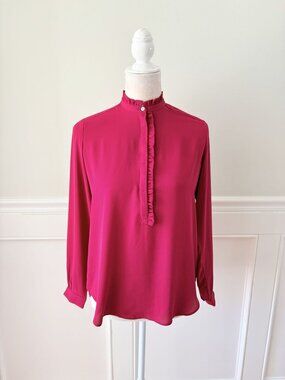 Loft XSP Red Ruffle Neck Long Sleeve Blouse EUC